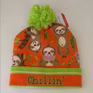 Kids Orange & Lime 'Chillin'' Pom-Pom Sloth Beanie